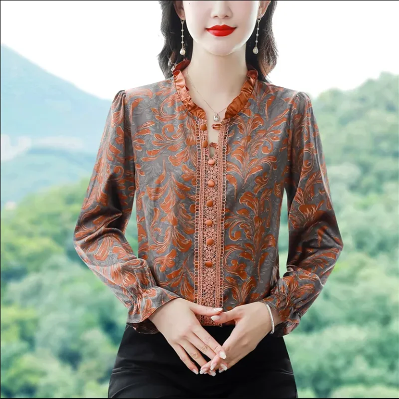 

Retro Print Blouses Women Pullover Shirt Loose Chiffon Shirt Ruffled Blous Lace Top Stand up Pleated Shirt OL Woman Blous Shirts