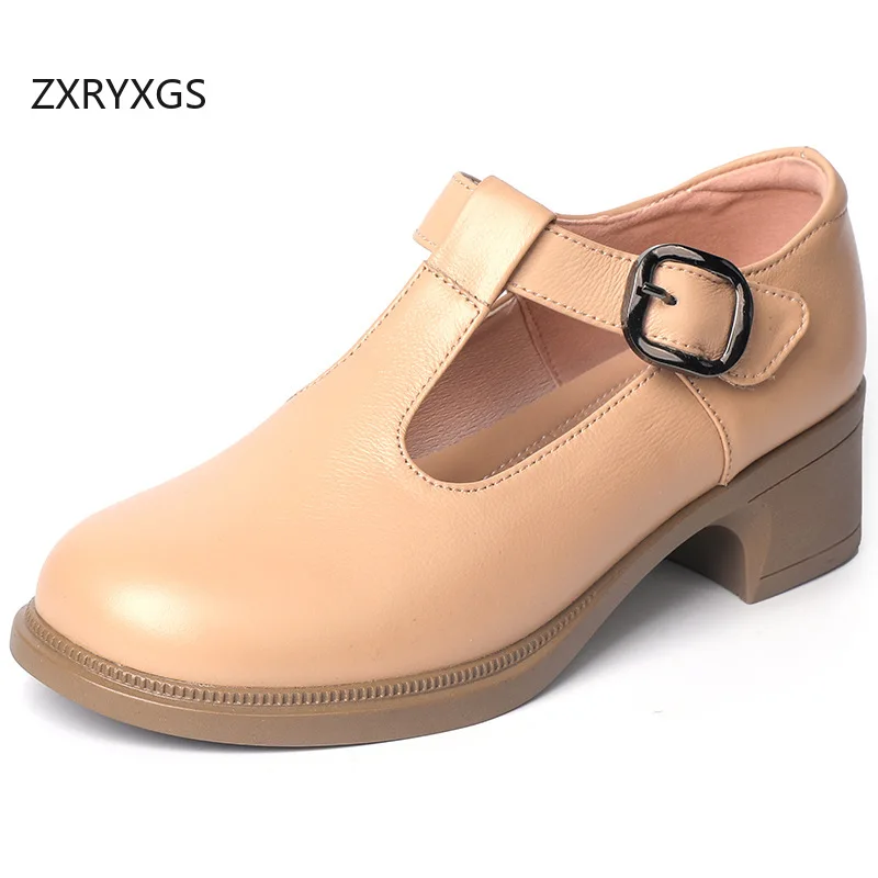 

ZXRYXGS 2025 Осенний топ из воловьей кожи с круглым носком, женские элегантные удобные банкетные туфли на среднем каблуке, модные маленькие размеры, большой размер 32-43