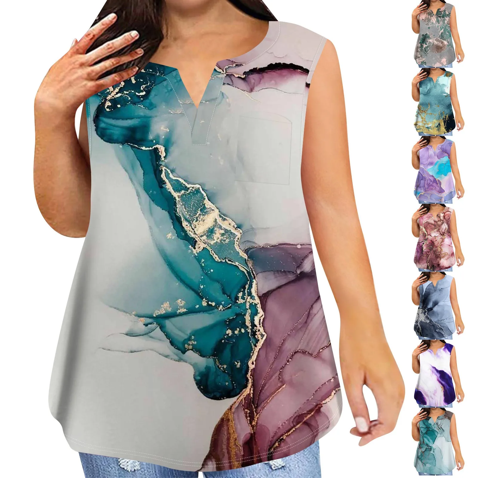 Women's T-shirt Summer Fashion Sleeveless Tops Marble Print V Neck Casual T Shirt For Women's Y2k Clothes Plus Size Tees