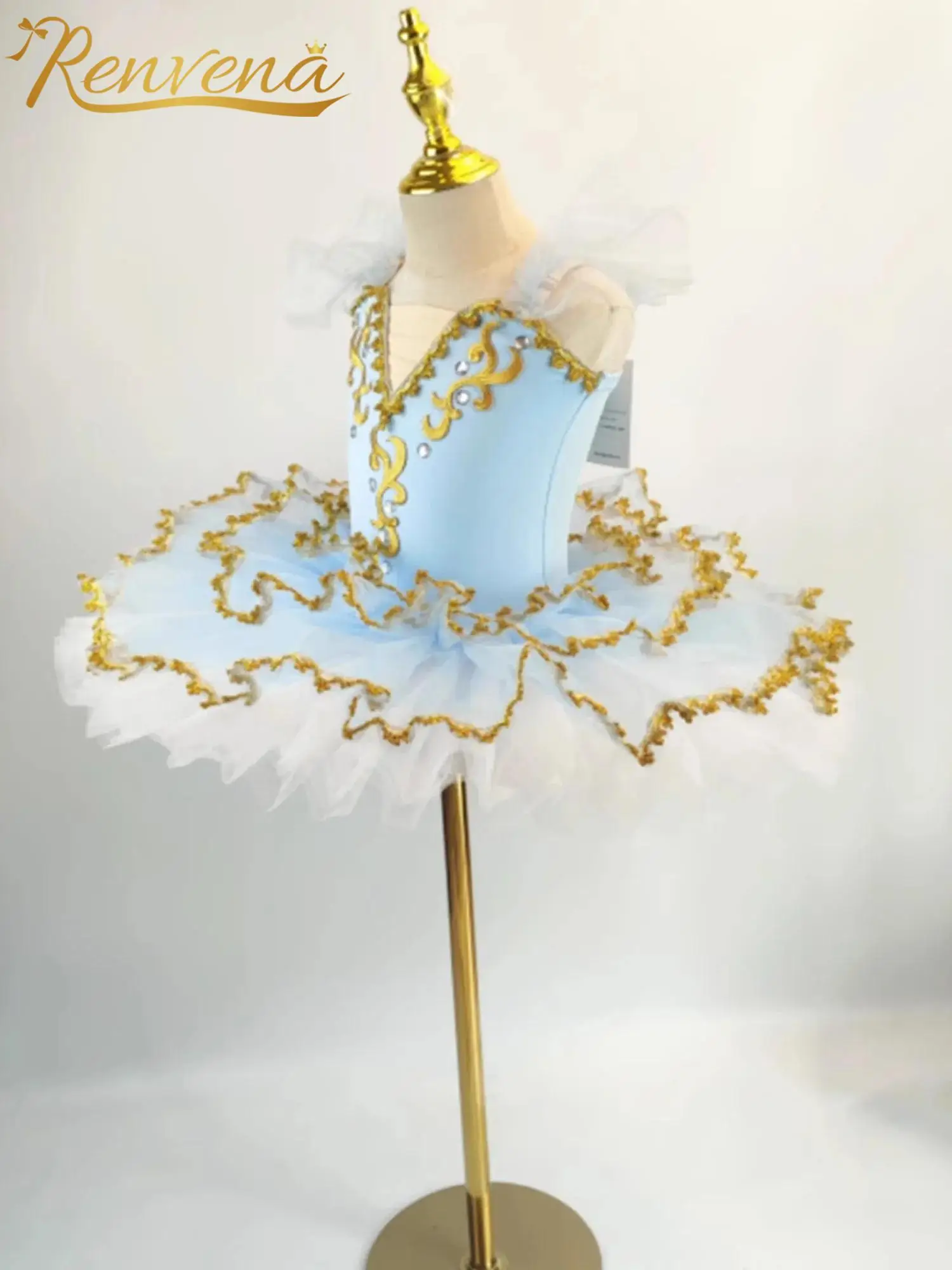Ballerina Dress Girls Gold Trim Tutu Ballet Dance Outfit Kids Layered Tulle Dress Practice Performance Costume Ruffles Sleeves
