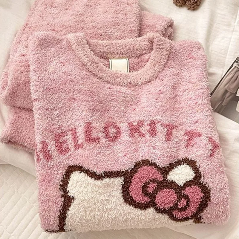 Cute Sweet Cartoon Hello Kitty Pink Plush Velvet Pajamas Women's Winter Thick Warm Casual Home Clothes Nightwear Set