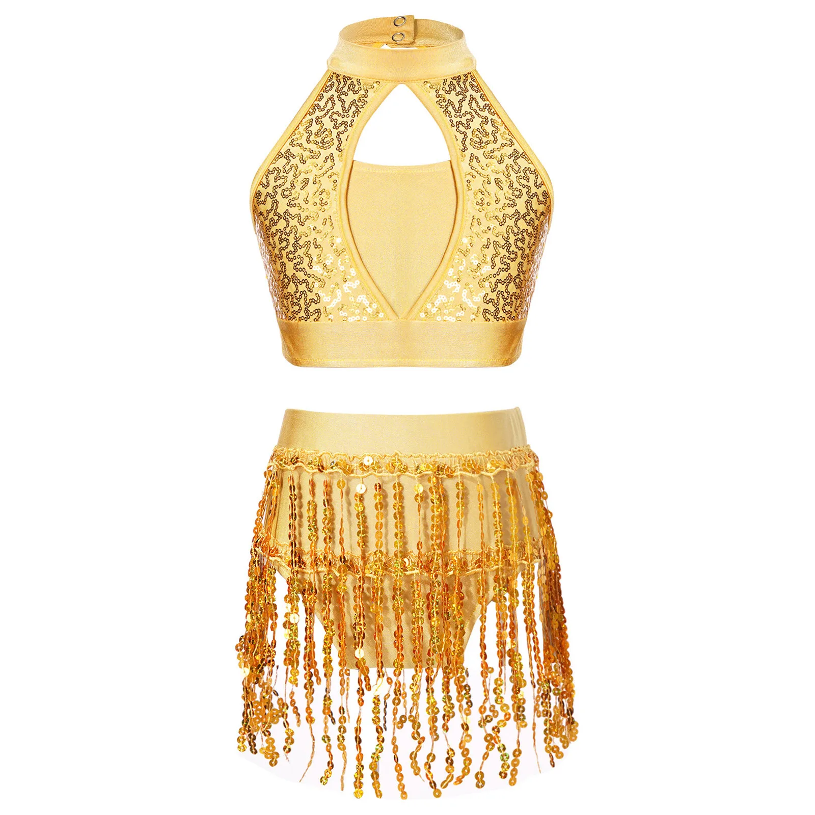 Kids Girls Sequin Latin Jazz Dance Costume Sleeveless Crop Top with Tassel Dress Leotard Tango Cha-Cha Samba Dancewear