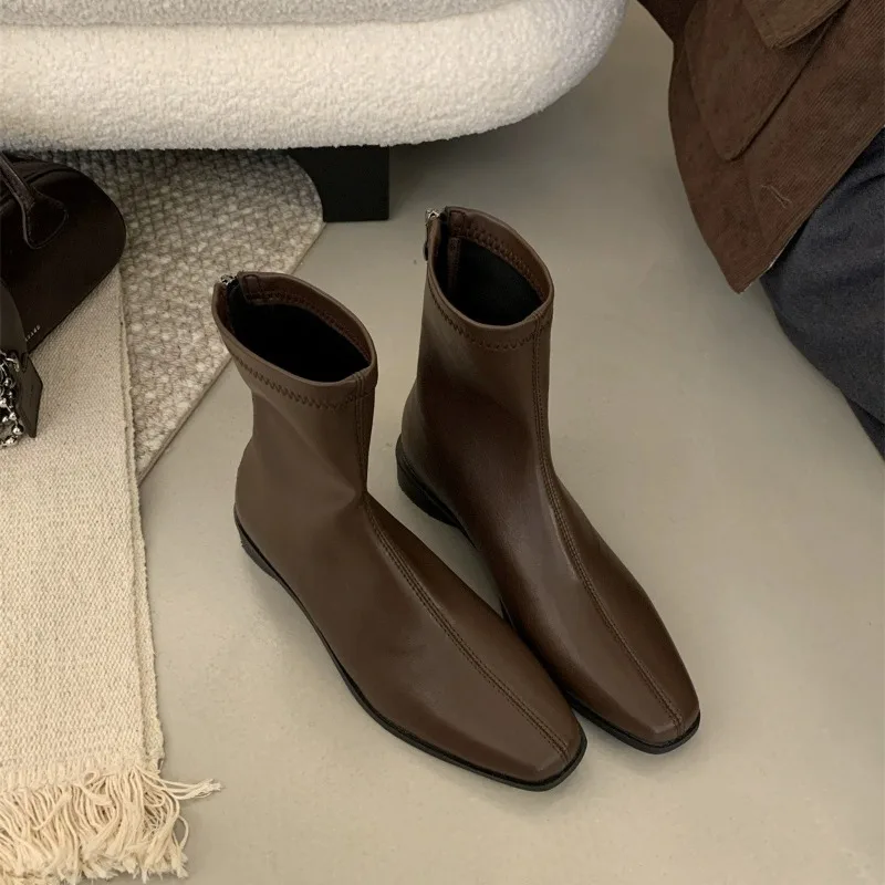 2026 Woman Autumn Ankle Boots for Women Chunky Heel Zipper Ladies Leather Shoes Soild Color Square Toe Short Botas Femininas