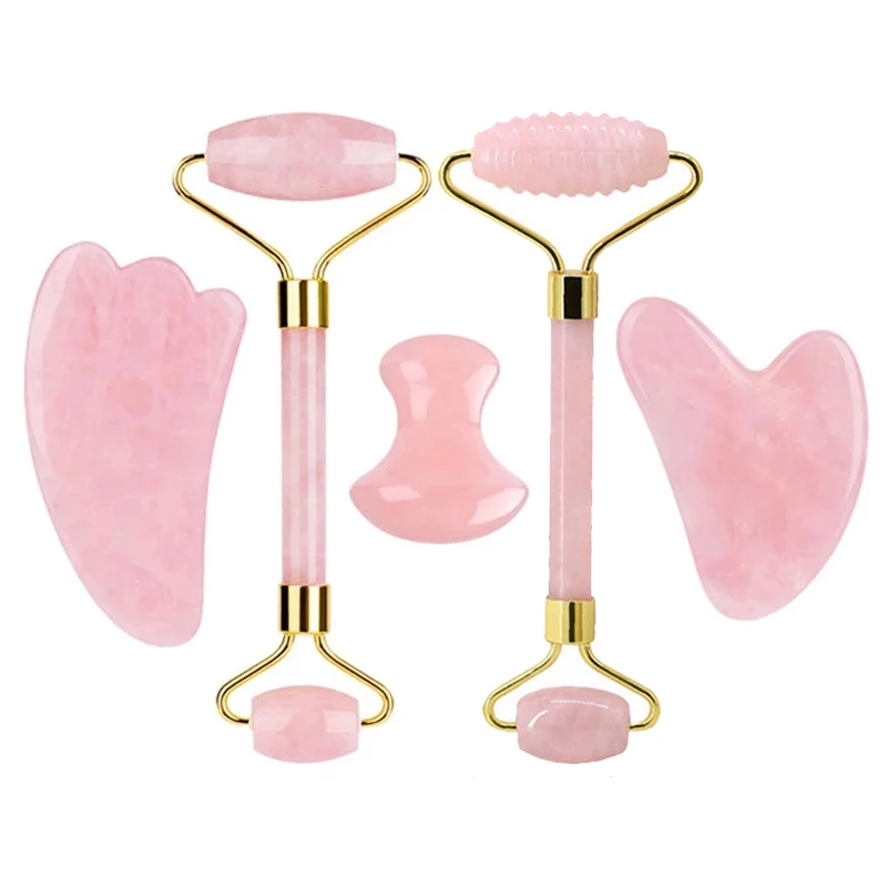 Rose Quartz Jade Roller Gua Sha Set Natural Jade Face Gouache Scraper Massager Facial Lifting Spa Massage Tools