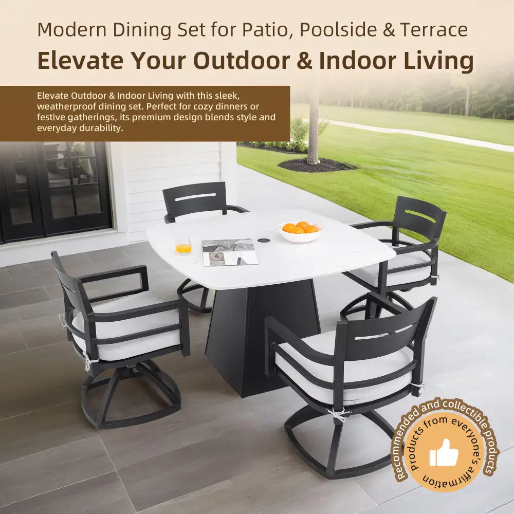 

Modern 44″ Rounded Square Outdoor Pedestal Dining Table, Greek Marble-Look Sintered Stone Top, Flared Pyramid Aluminum Base, Em