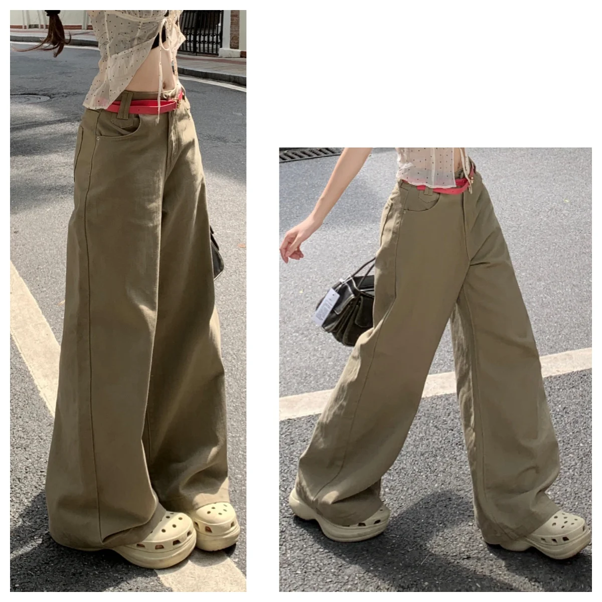 Retro High-Waisted Loose Wide-Leg Women's Pants Khaki Mopping Trousers Spring Autumn 90S Streetwear Straight Cargo Denim Pants