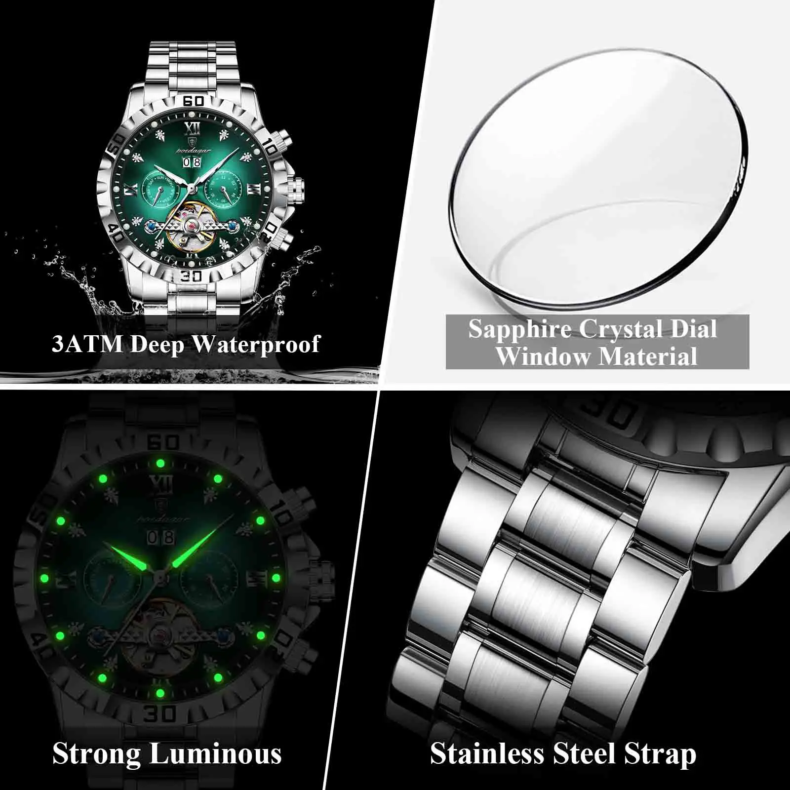 POEDAGAR Fashion Luxury Men Watch Automatic Date Week Man Wristwatch Hollow Tourbillon Mechanical Stainless Steel Men's Watches - view 4