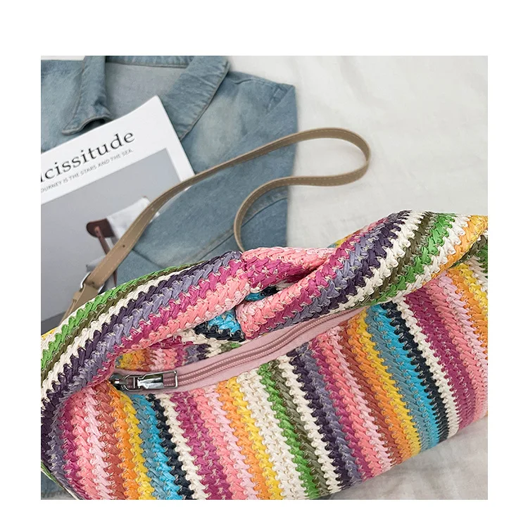 Vintage Woven Handbag, Simple Commuter Bag, Beach Wind Rainbow Bag, Holiday Casual Straw Purse