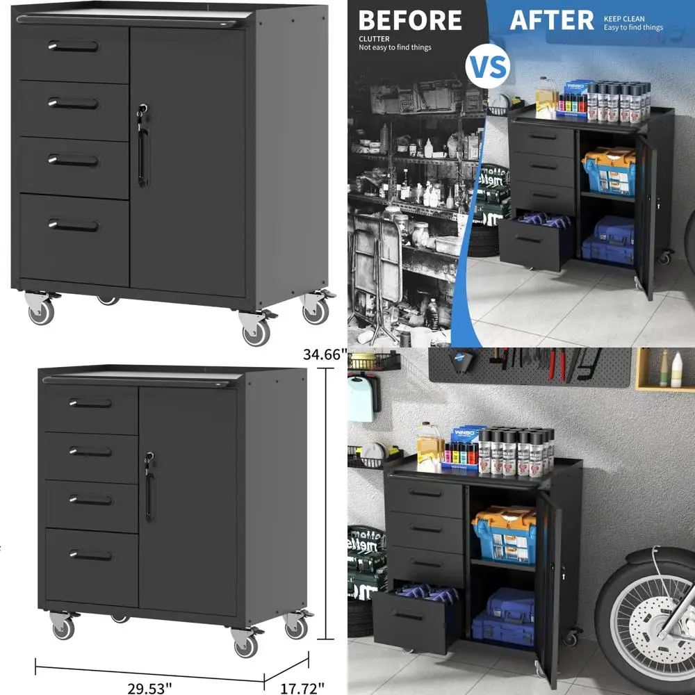 خزانة أدوات معدنية متدحرجة شديدة التحمل مع 4 أدراج وخزانة واحدة لتخزين المرآب