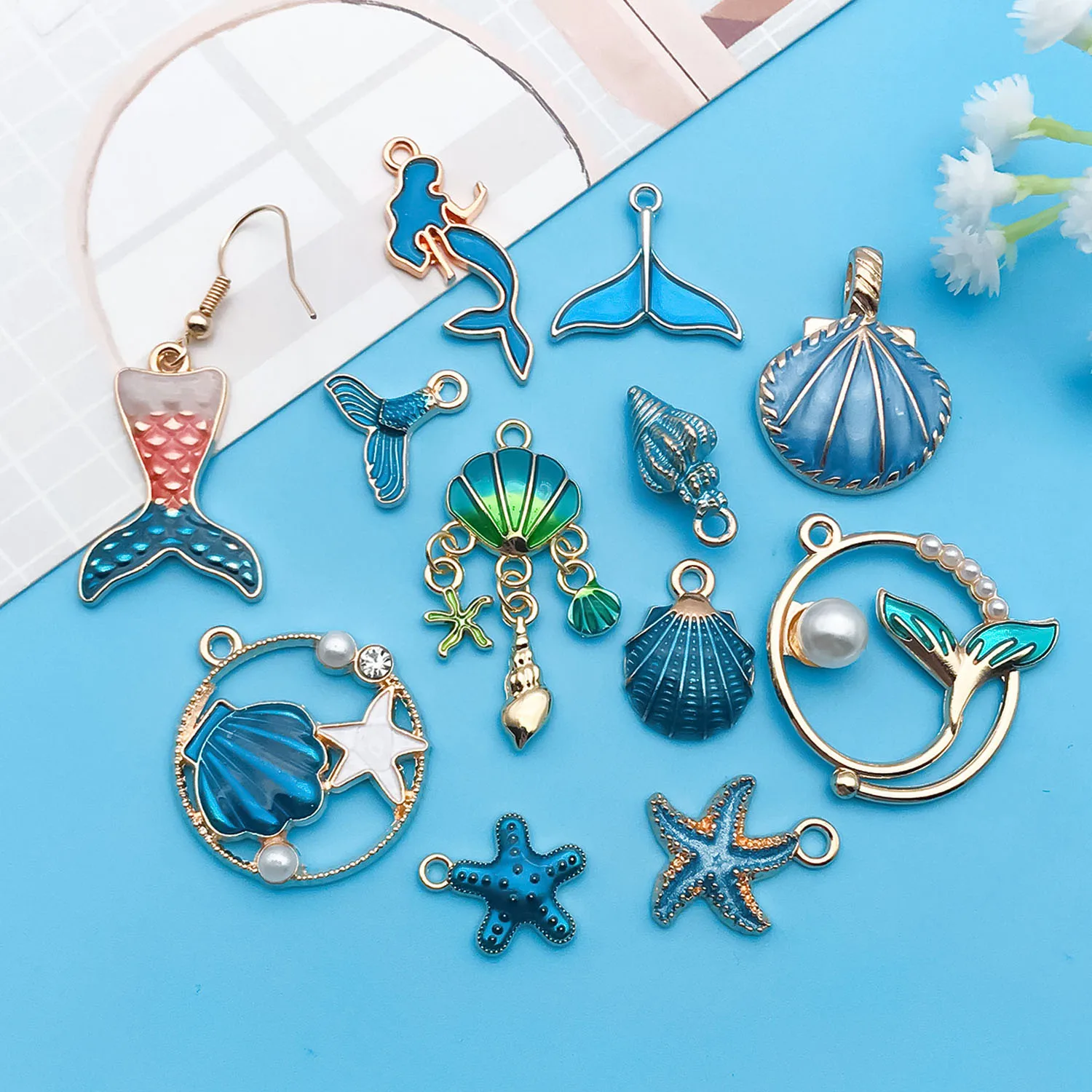 Mix 12pcs/lot Enamel Marine Life Shell Starfish Dolphin Charm Pendant For Jewelry Making DIY Earring Findings Accessories