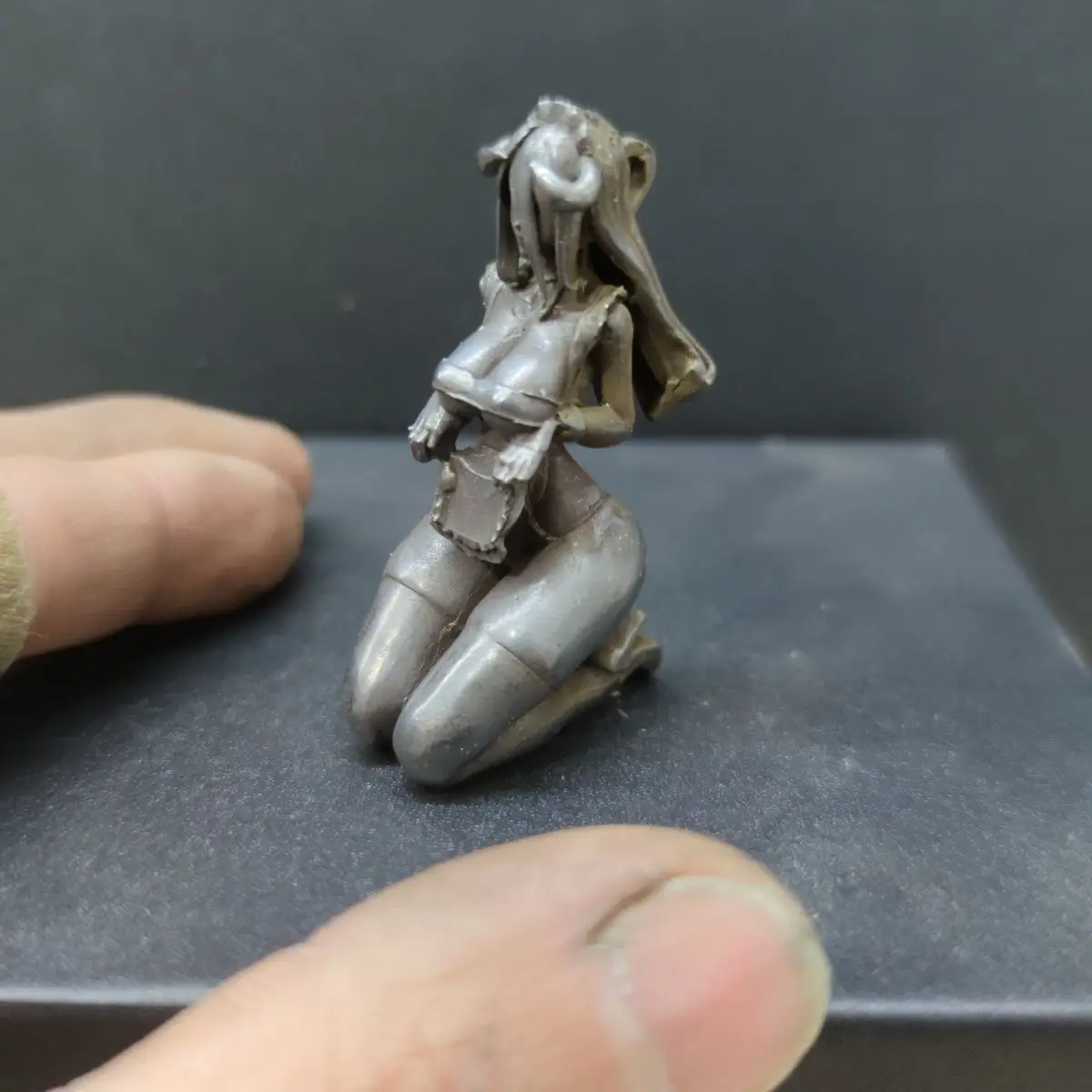 5.5cm Antique Brass Dark Maid Statue- Kneeling Pose Gothic Servant Wings & Lace Details