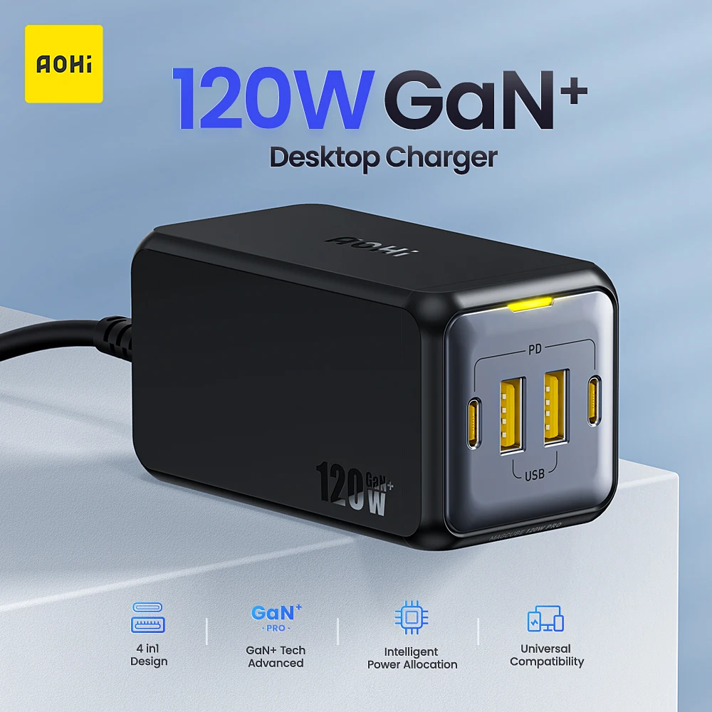 AOHI GaN Charger 120W 65W Type C Charger 4-in-1 Desktop USB Charging Station USB C USB A Output for iPhone 13 Pro Laptop Tablet