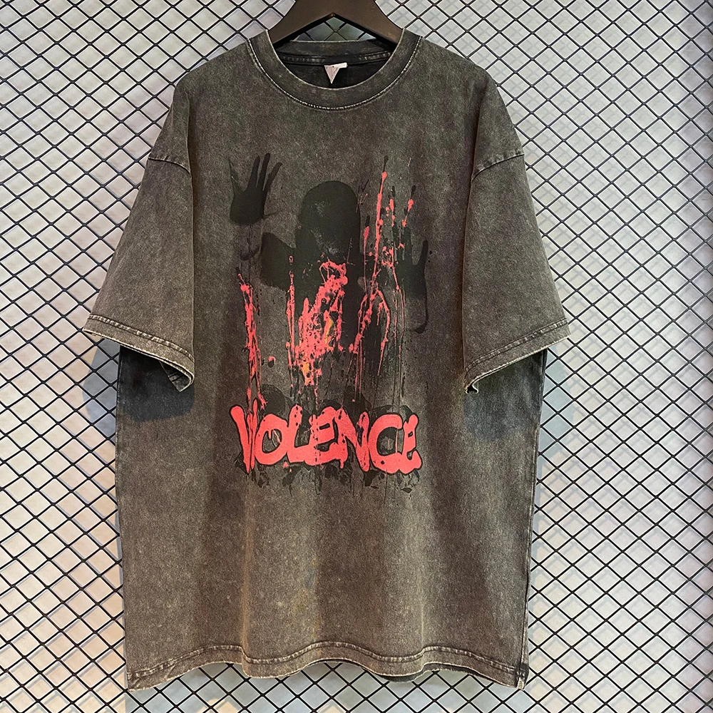 Distressed Grunge T-shirts Emo Bloody Printing Graphic T Shirts Men Harajuku Oversized Vintage Gothic Clothes Y2k Mens Clothes