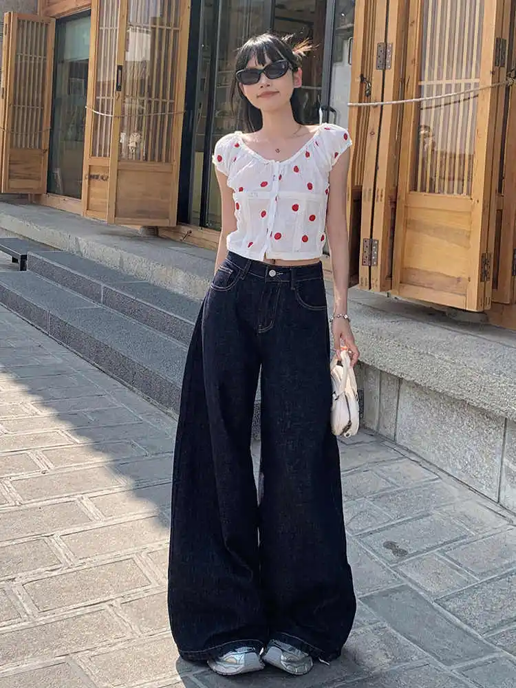 Deep Blue High Waist Wide Leg Jeans Loose Fit Thinming Dra Thin Sle Floor Length Pants Autumn 2024 Faion Trend