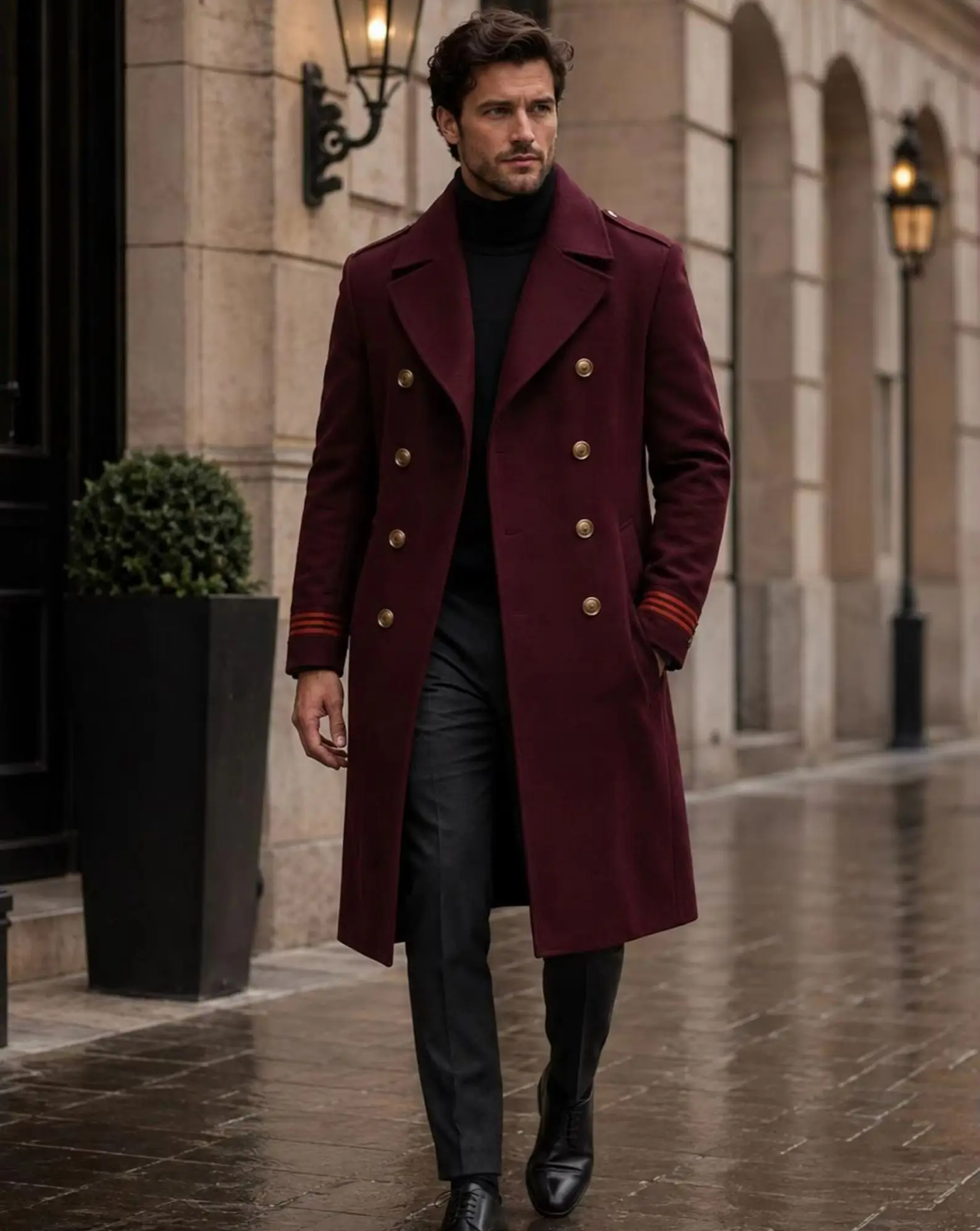 Burgundy Long Wool Overcoat for Men Double Breasted Military Winter Peacoat Gold Button Tailored Suit Only Coat Customized