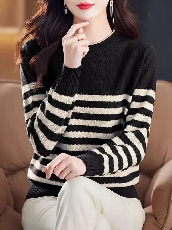 Top in maglia a righe sciolto lungo Sve rotondo Ne Base irt donna coreana Sle calda lana invernale Faion Casual Basic Turtlene