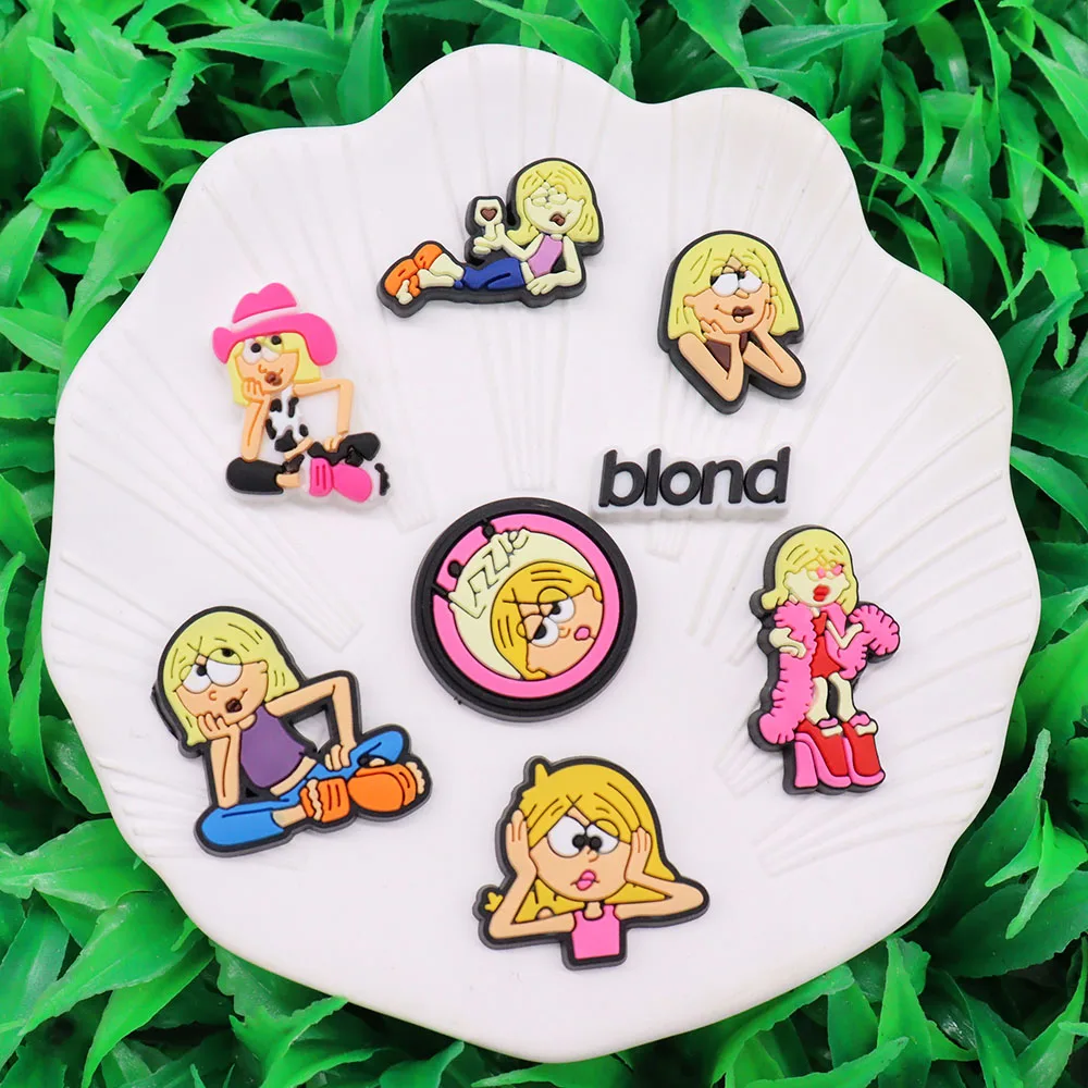 8Pcs Cute Blonde Girls Popular PVC Shoes Charms Decorations DIY Woman Sandal Shoes Buckle Ornament Fit Backpack