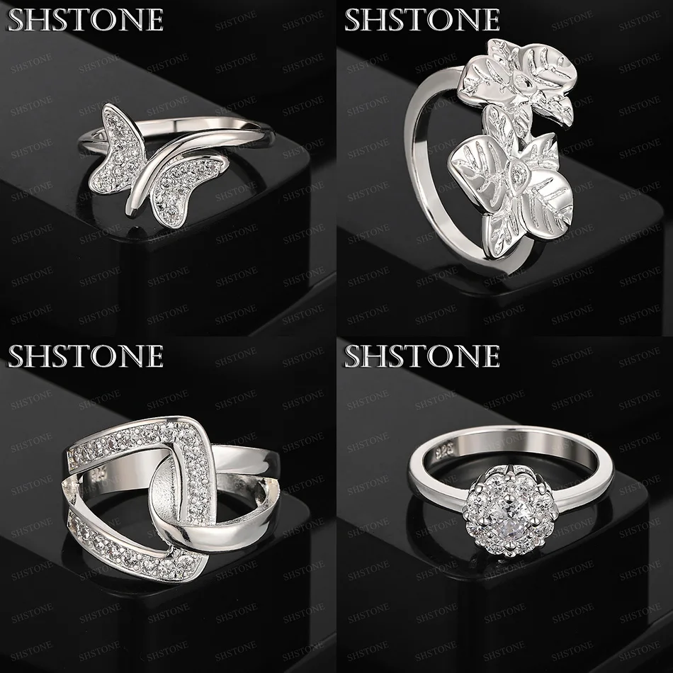 

Size 7-10 925 Sterling Silver Butterfly Flower Round Zircon Geometric Ring Engagement Party Beautiful Jewelry Accessories