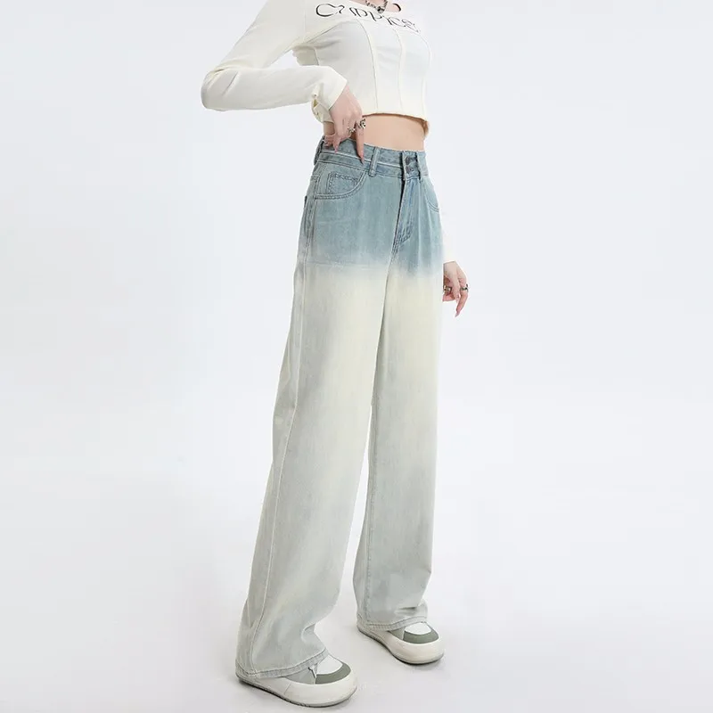 FINEWORDS Vintage Casual Gradual Harajuku Straight Jeans Women Korean High Waist Jeans Washed Full Length Streetwear Loose Jeans