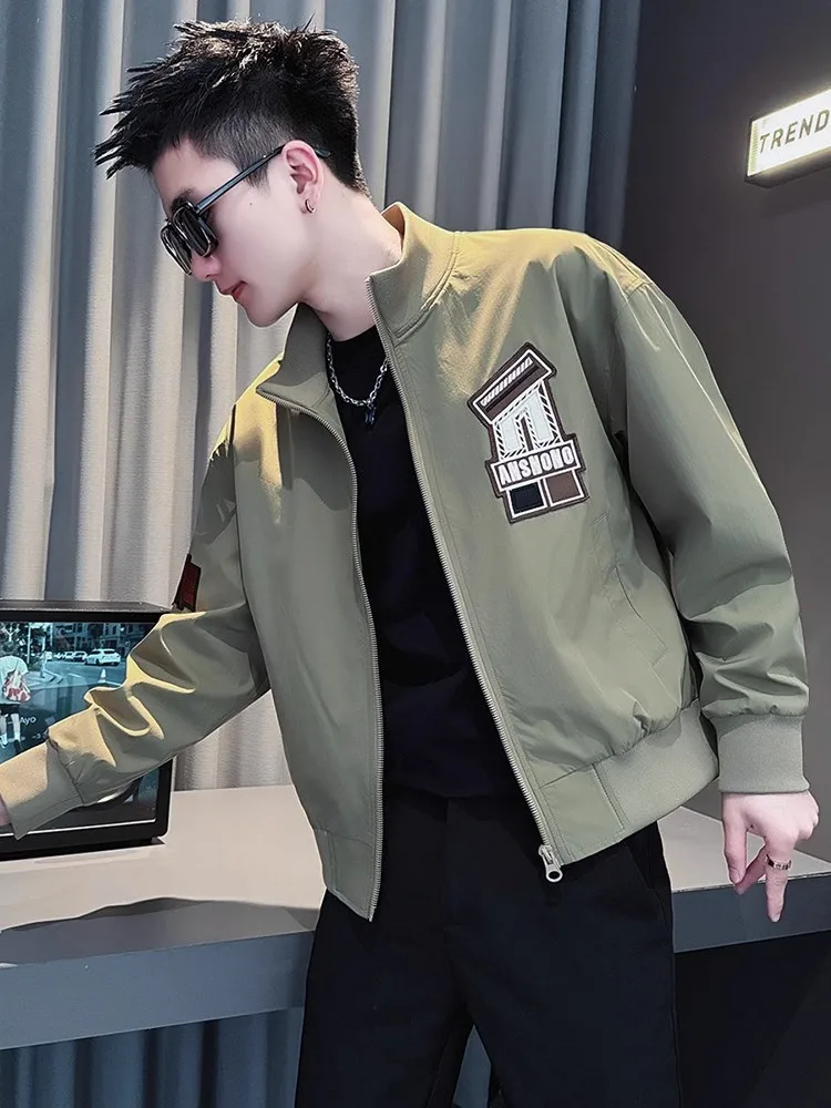 

Мужская повседневная куртка с бейсбольным воротником и вышивкой букв, весенне-осеннее новое легкое ветрозащитное пальто из полиэстера