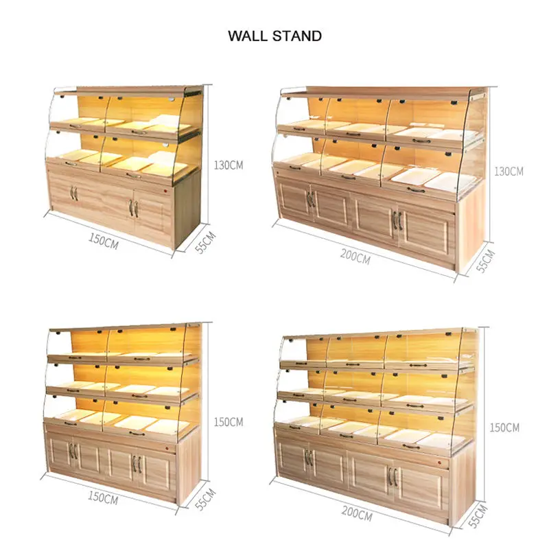 Glass Wood Pull Out Tray Wall Cake Bread Display Cabinet with Light Emitting Diode