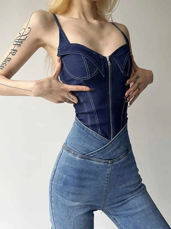 

Street Sle Women's Denim Jumpsuit Sexy Strap High Waist ort Pants Polyester Fiber Thin Model Faionable Summer New Arrival