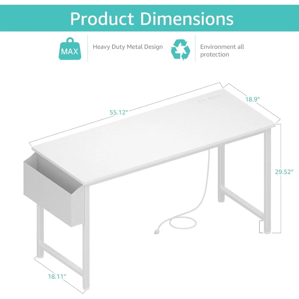 White Computer Desk with Power Outlet, 55 inch Teen Study Table Home Office Work Writing Gaming Desk, Computers Desks