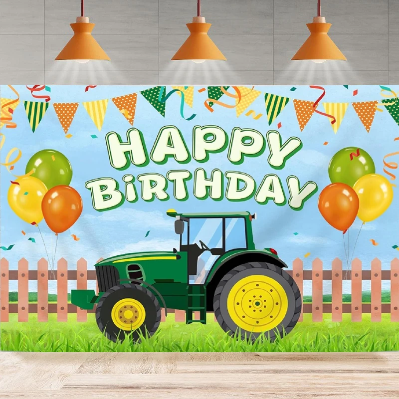 Boys Tractor Photography Backdrop Party Farmyard Green Grass Tractor Balloons And Flags Birthday Background Wall Decor Banner