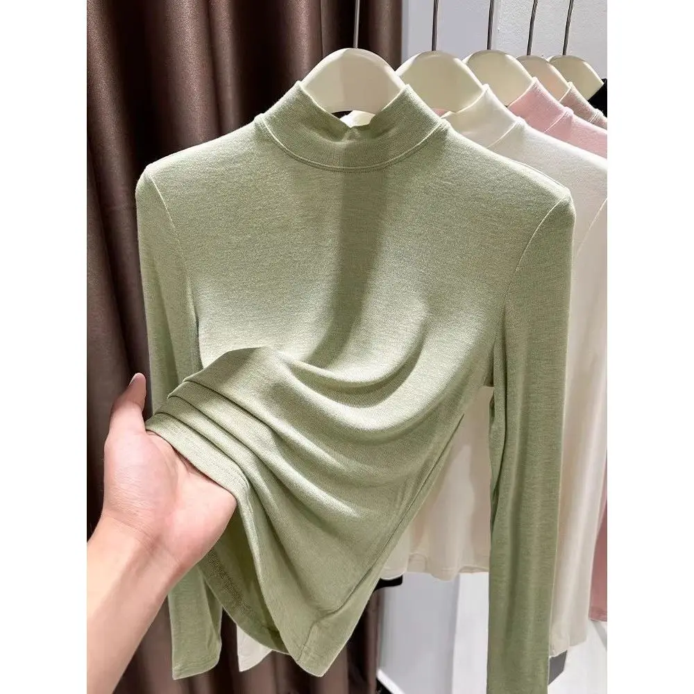 Women's Modal Cotton Base Shirt Half High Collar Pink Skin Color T-Shirt Autumn Winter New Style Fashionable Inner Wear Mask ...