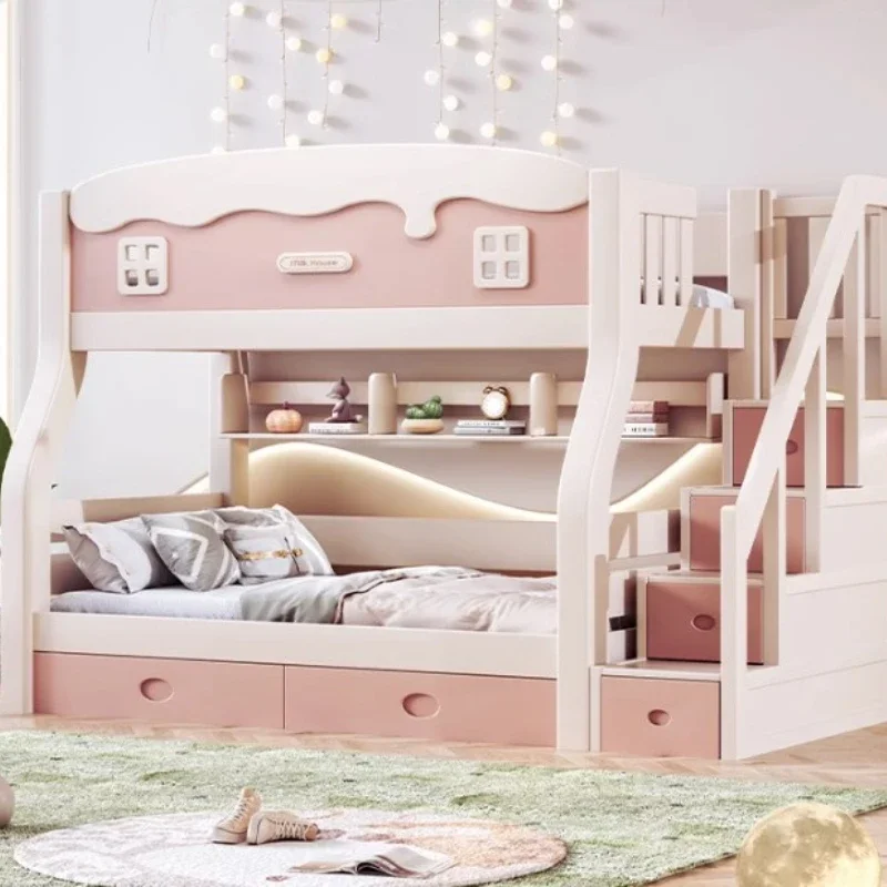 Pretty Girls Childrens Bunk Bed Frame Mattress Storage Solid Wood Loft Bed Kids Luxury Cama Infantil Bedroom Set Furniture