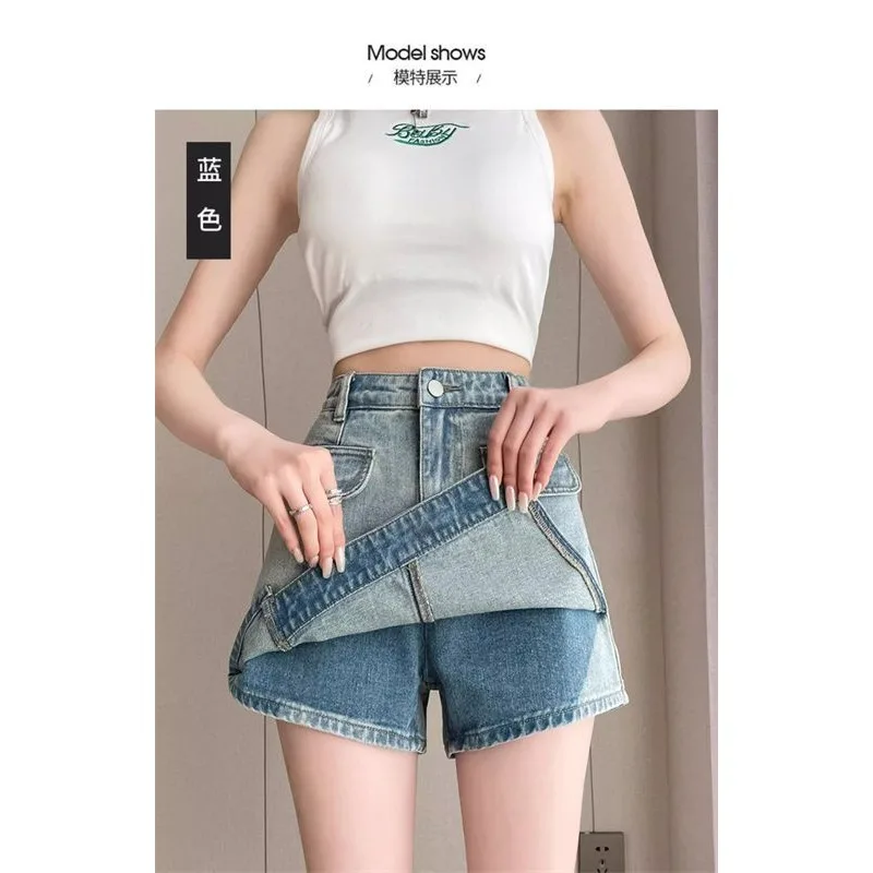 المضادة للتعرض الدنيم السراويل تنورة للنساء الصيف عالية الخصر ألف خط تنوعا واسعة الساق تنورة قصيرة السراويل #3