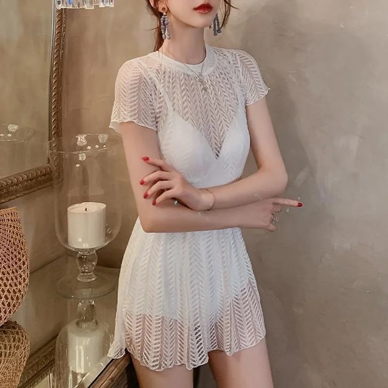 2023 New Summer Bohemian Round Neck Lace Hollow High Waist Covering Belly Open Back Casual Vacant Hot Spring Skirt Swimwear