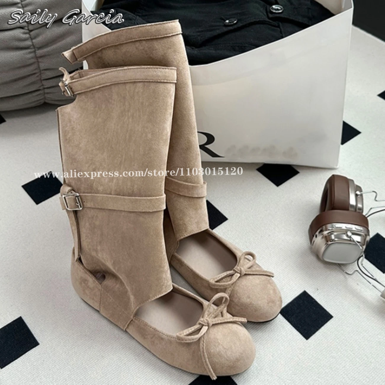 

Retro Butterfly Knot Mid Heel Hollow Shallow Sandal Boots 2024 Mary Jane All-Match Folds Flats Round Toe Mid Calf Casual Sandals