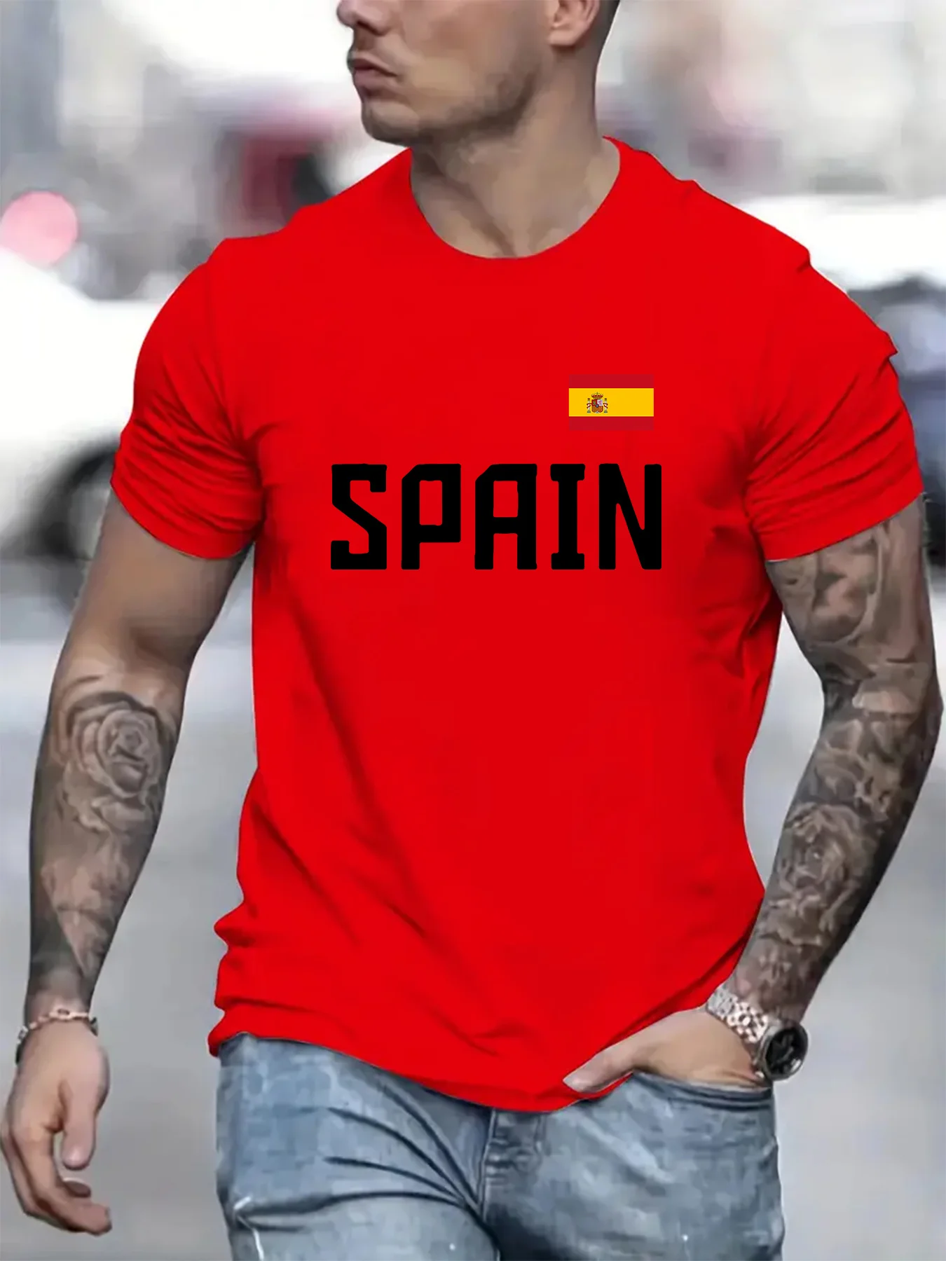 Spain Flag Printed Men's T-shirt Short Sleeved Casual Top Tee O Neck Sport Outdoor Pullover Streetwear Male Oversized Clothing image 3