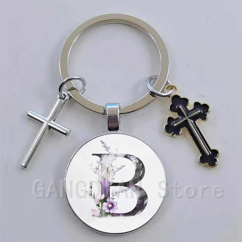 A-Z plant letters, enamel cross charm keychain, Jesus religion keychain pendant, handbag accessories, DIY keychain jewelry gifts