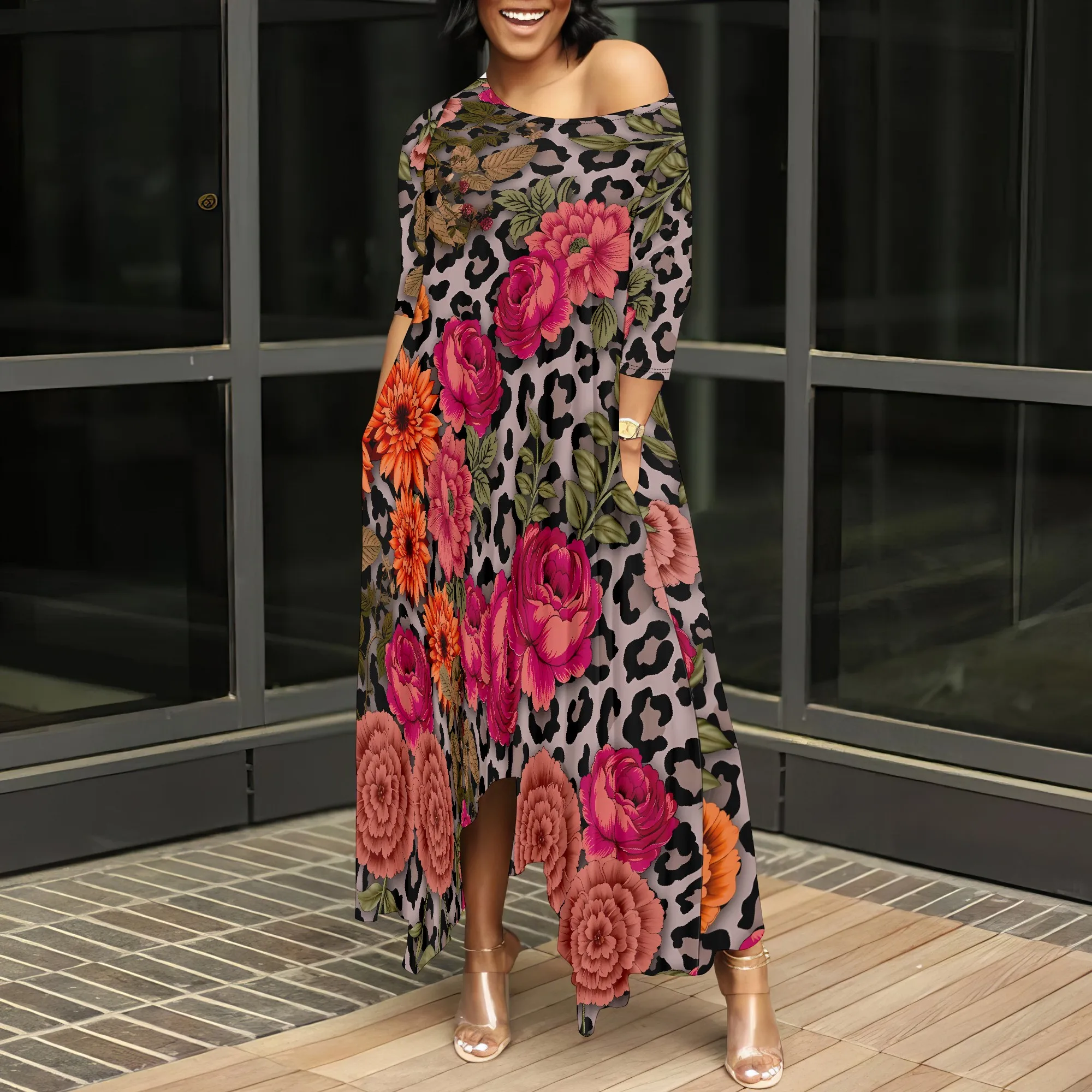 Nupusa Floral Leopard Print Dress for Women Standard Size Summer Casual Off - Shoulder Half Sleeve Maxi Dress