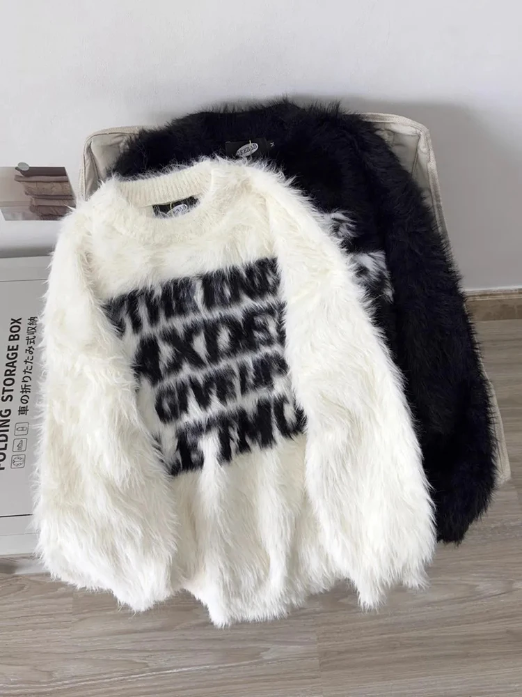 

Fashion Faux Mink Knitted Sweater Women Autumn New Loose Letters Knit Pullover Korean O Neck Preppy Casual Mujer Jumpers