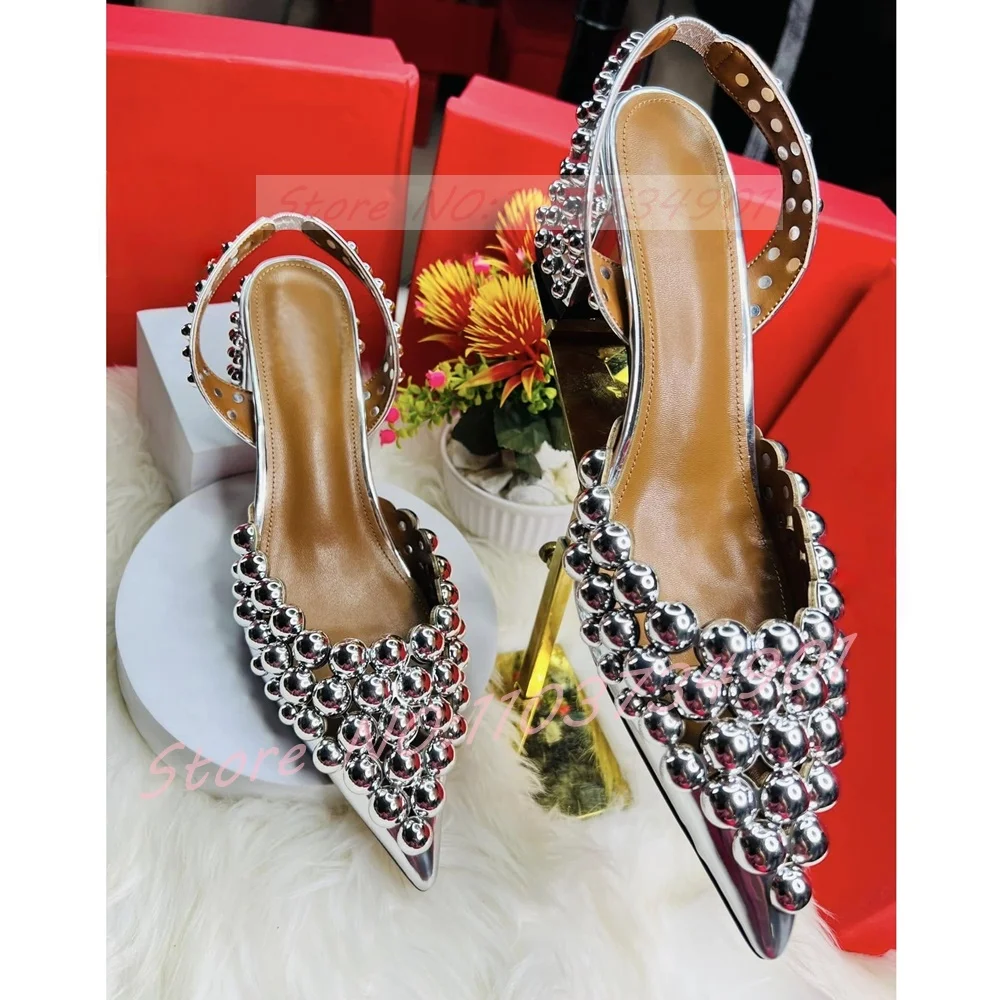 Sling Back Dome Sandals Women Luxury Pointed Toe Rivets High Heels Metallic Leather Shoes Ladies Party Sexy Sandals