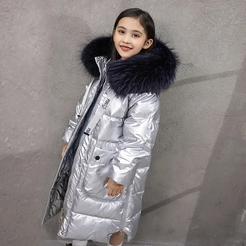 2024 Children Warm Winter Down Jackets for Girl Clothes Large Fur Hooded Coat Teenager Girls Extra Long Waterproof Parka TZ677
