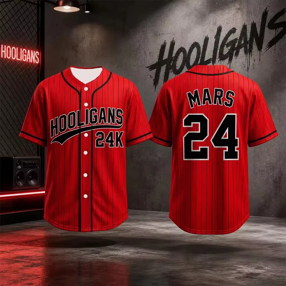 Unisex 2026 Bruno Mars 24K Hooligans Baseball T-shirts Sleeve Hip Hop Streetwear Top for Fans Men Women Kids Adults