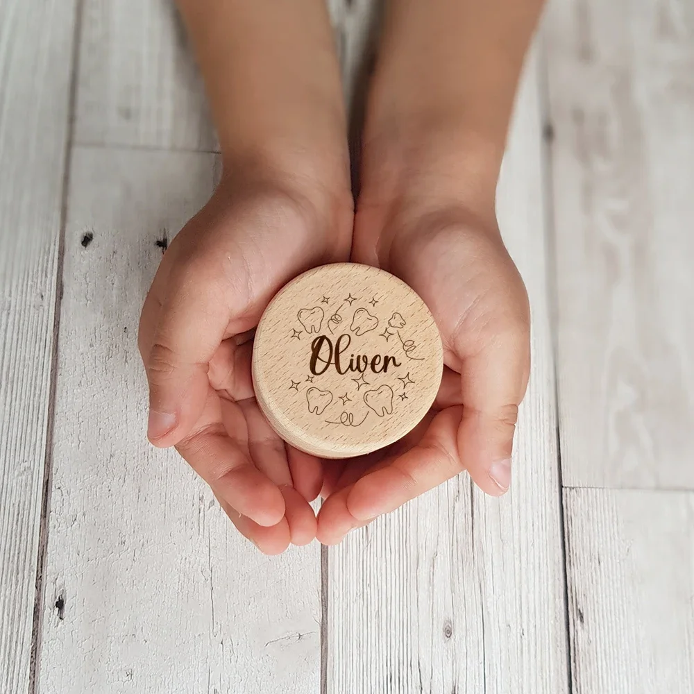 Personalized Tooth Fairy Box Round Wooden Tooth Fairy Holder Birthday Gift for Girls & Boys Custom Name Milk Tooth Box