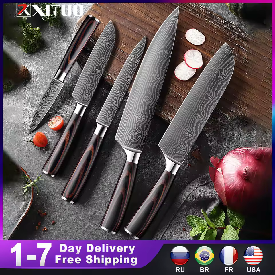 Xituo 1-5pcs conjunto faca chef japonês lixar facas padrão de laser de aço inoxidável profissional faca afiada lâmina de cozinha ferramenta
