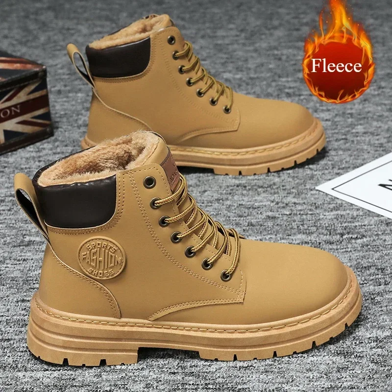 Botas de tornozelo de pele de inverno para homens alta superior sapatos de algodão quente ao ar livre plataforma à prova dwaterproof água botas de