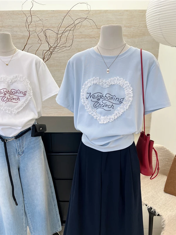 

Ladies' Short-sleeve T-shirt With Heart Embroidery Lace Paneling Letter Print Pure Cotton Designed Summer Casual Loose-fit Tops