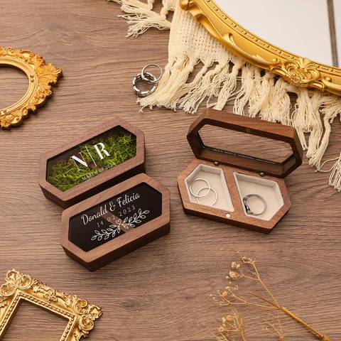 Personalized Walnut Wood Hexagon Ring Box with Glass Top Custom Name Date Engraved Engagement Wedding Ring Holder Keepsake Gift