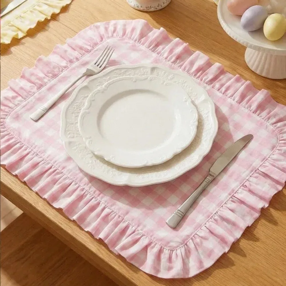 Candy Color Stripe Grid Kitchen Placemat Non-Slip Ruffle Heat-Insulated Mat Desk Decor Heat Resistant Table Mat Kitchen