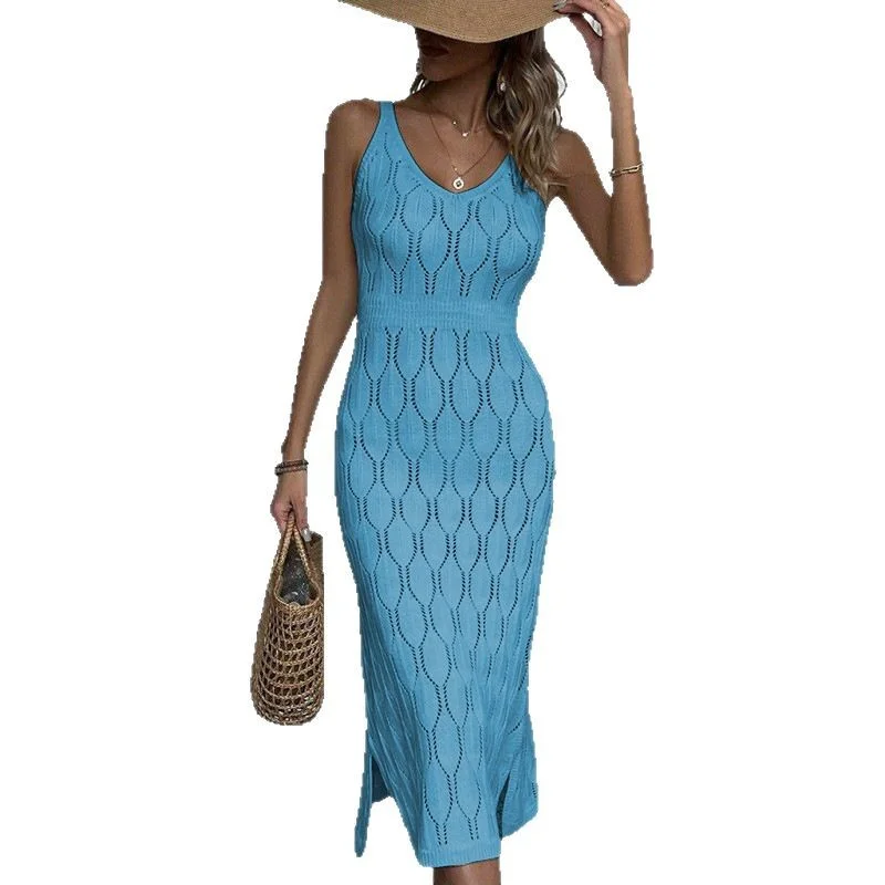 2025 NOVEDAD DE VERANO elegante vestido de playa Sexy falda Color sólido Casual ajustado cintura elástica diseño único vestido de punto de nicho