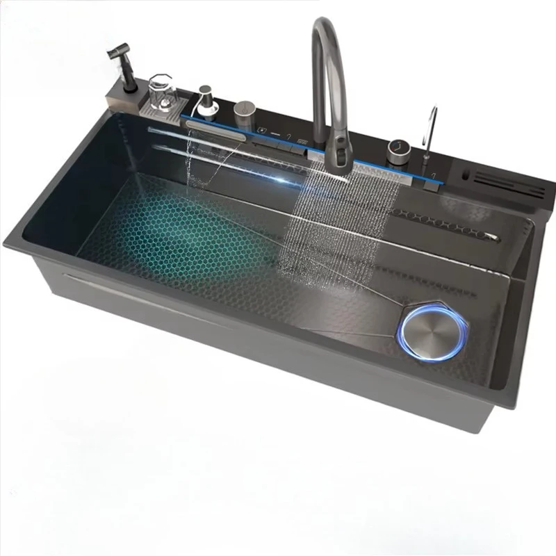 

New Trend 100X50cm Large Kitchen LED Digital Display Sink Stainless Steel Waterfall Sink with Cup Washer