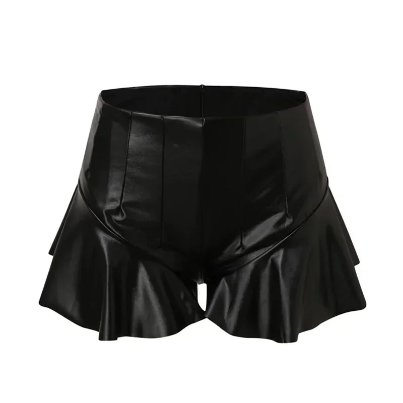 Women’s Shorts Summer High Waist Solid Color PU Leather Ruffle Trim Short Pants