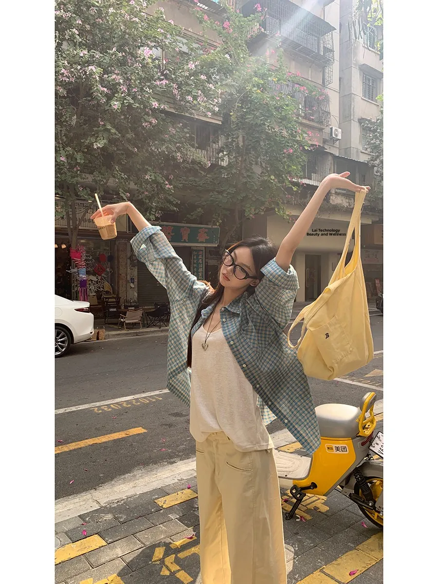 블루 체크 셔츠 여성용 독특한 스타일 2025 신상 트렌디 최고급 폴리에스터 섬유 긴팔 폴로 칼라 미디 길이 버튼 클로저